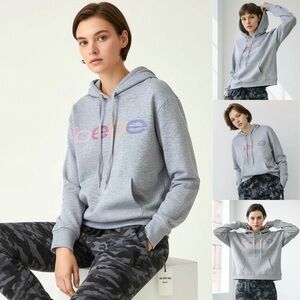 Bebe Hoodie Sweatshirt Neon Lites Logo Kangaroo Pocket Stretch Thumb Holes Gray